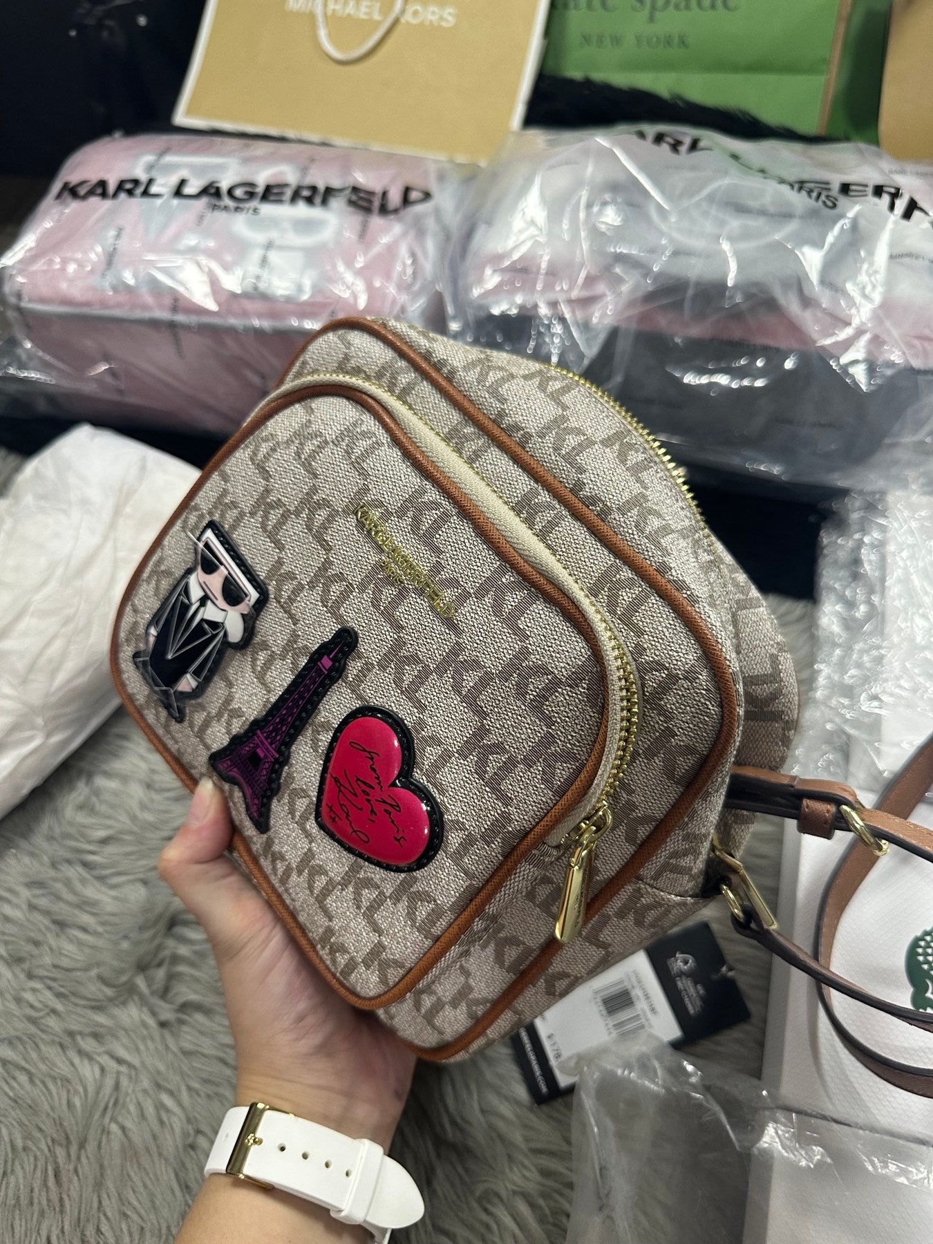 AUTHENTIC/ORIGINAL Preloved KARL LAGERFELD PARIS ALMOND LOGO MONOGRAM CAMERA CROSSBODY BAG