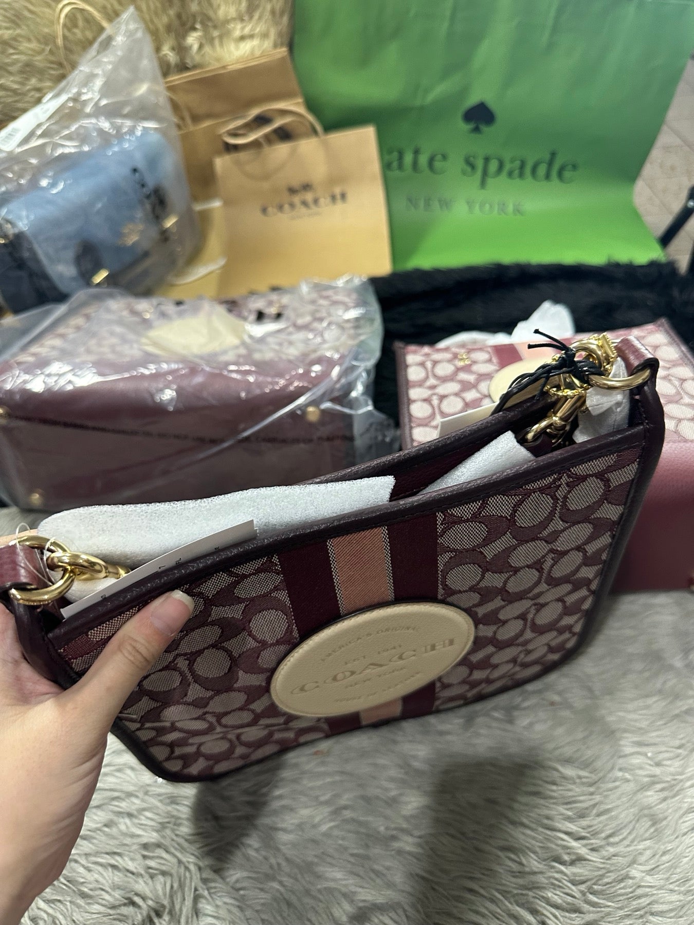 AUTHENTIC/ORIGINAL Coach Dempsey File Bag In Signature Jacquard With Stripe Maroon