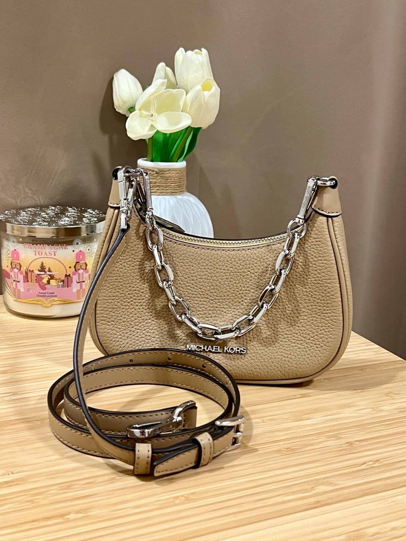 AUTHENTIC/ORIGINAL Preloved MK Cora Mini Zip Pouchette Camel KiliKili Crossbody Bag Camel Brown