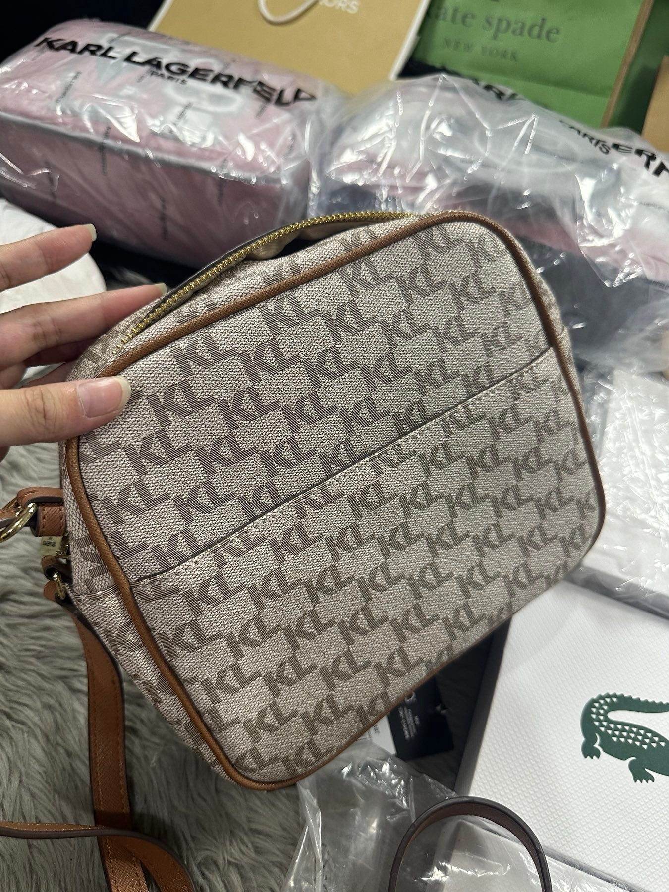 AUTHENTIC/ORIGINAL Preloved KARL LAGERFELD PARIS ALMOND LOGO MONOGRAM CAMERA CROSSBODY BAG