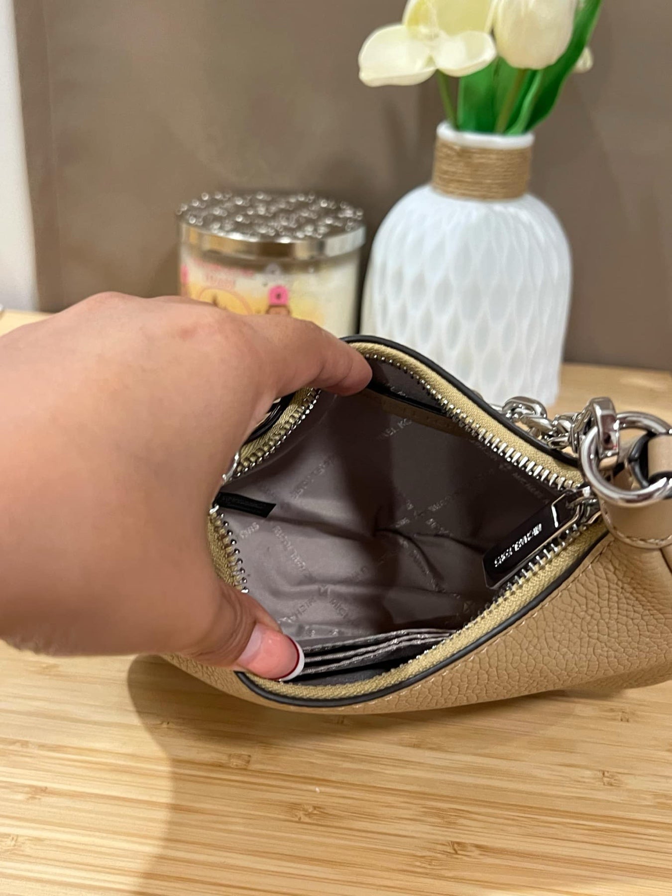 AUTHENTIC/ORIGINAL Preloved MK Cora Mini Zip Pouchette Camel KiliKili Crossbody Bag Camel Brown