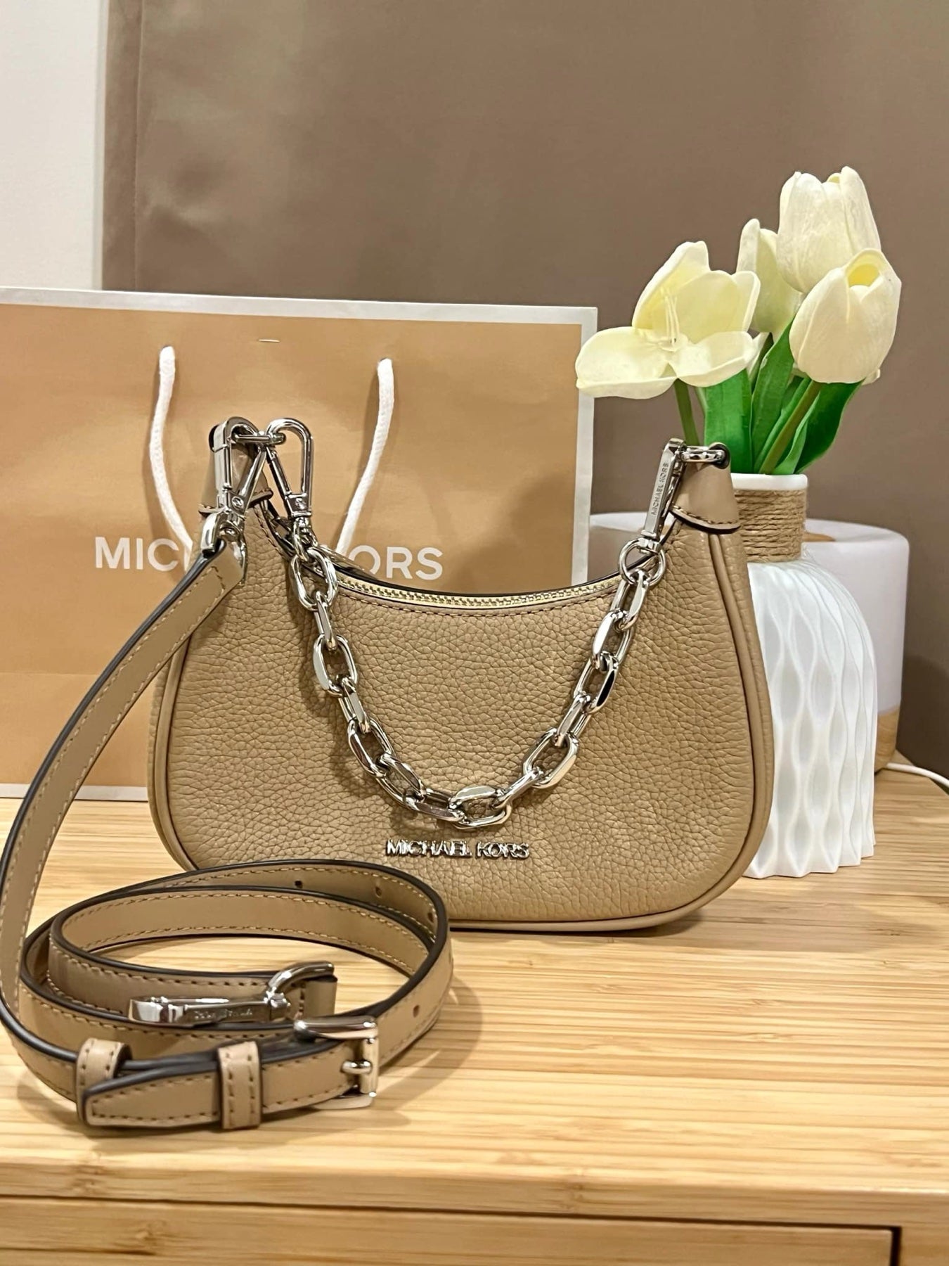 AUTHENTIC/ORIGINAL Preloved MK Cora Mini Zip Pouchette Camel KiliKili Crossbody Bag Camel Brown