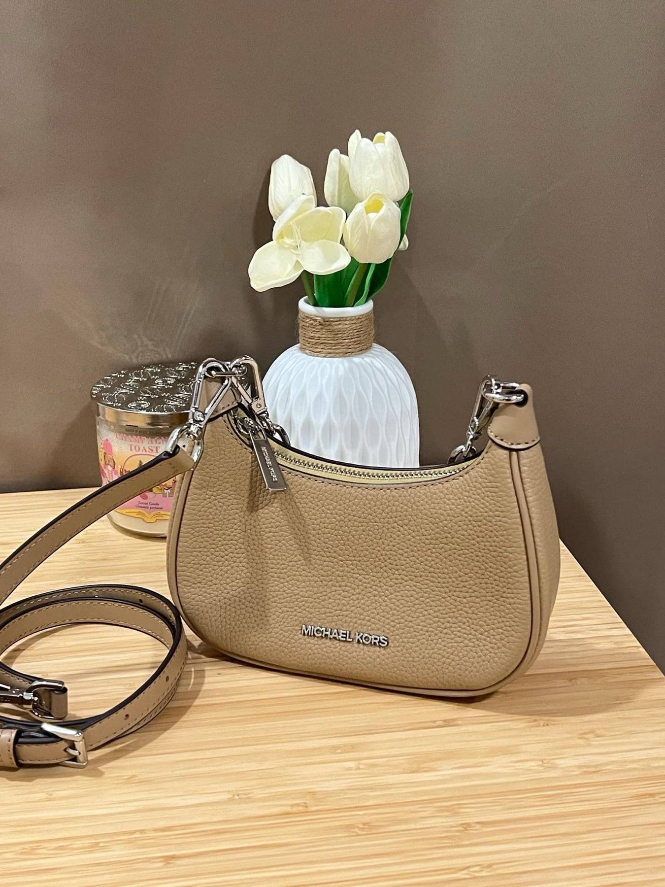 AUTHENTIC/ORIGINAL Preloved MK Cora Mini Zip Pouchette Camel KiliKili Crossbody Bag Camel Brown