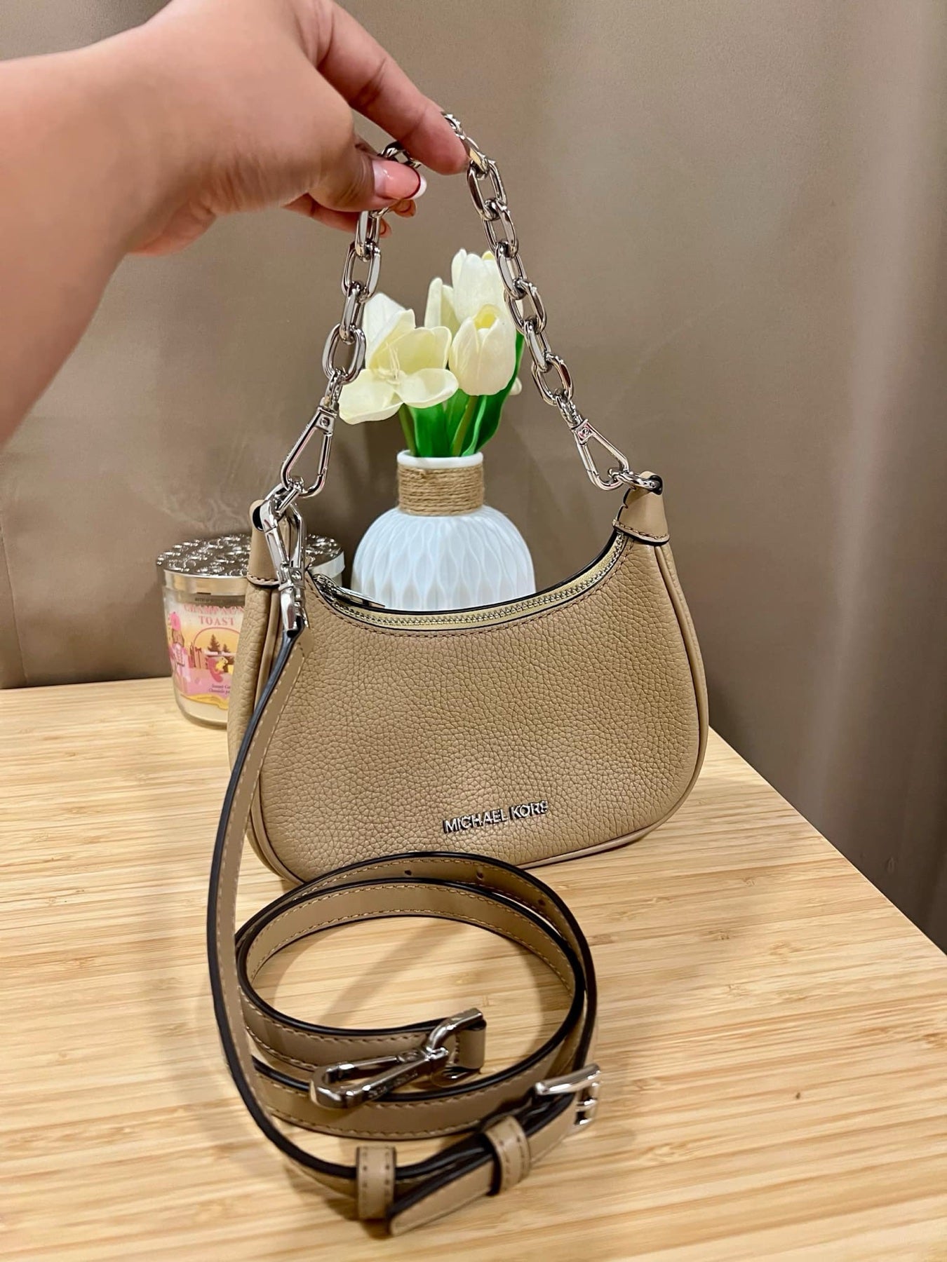 AUTHENTIC/ORIGINAL Preloved MK Cora Mini Zip Pouchette Camel KiliKili Crossbody Bag Camel Brown