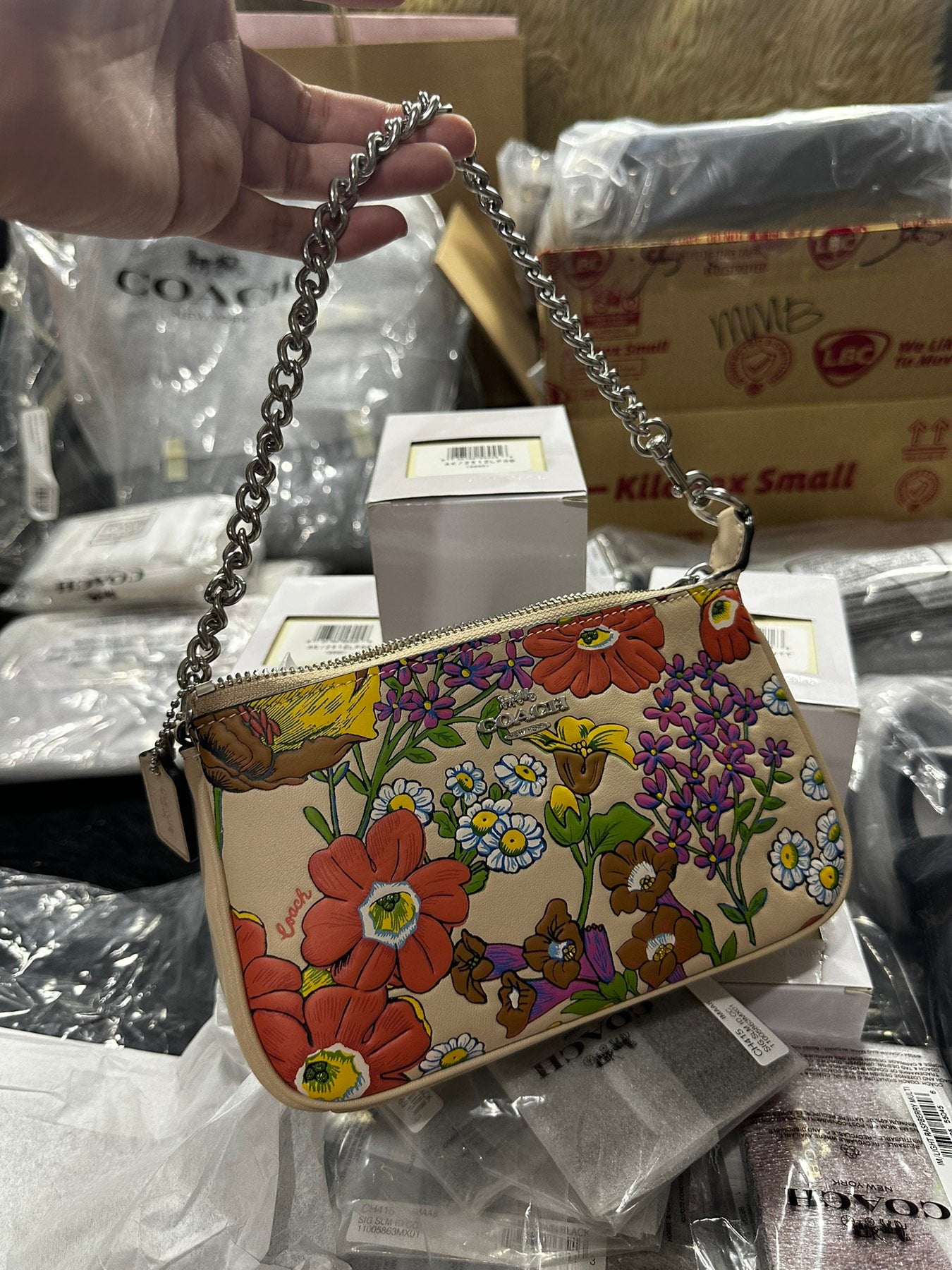 AUTHENTIC/ORIGINAL Coach Nolita 19 With Floral Print Silver Chain Small Bag