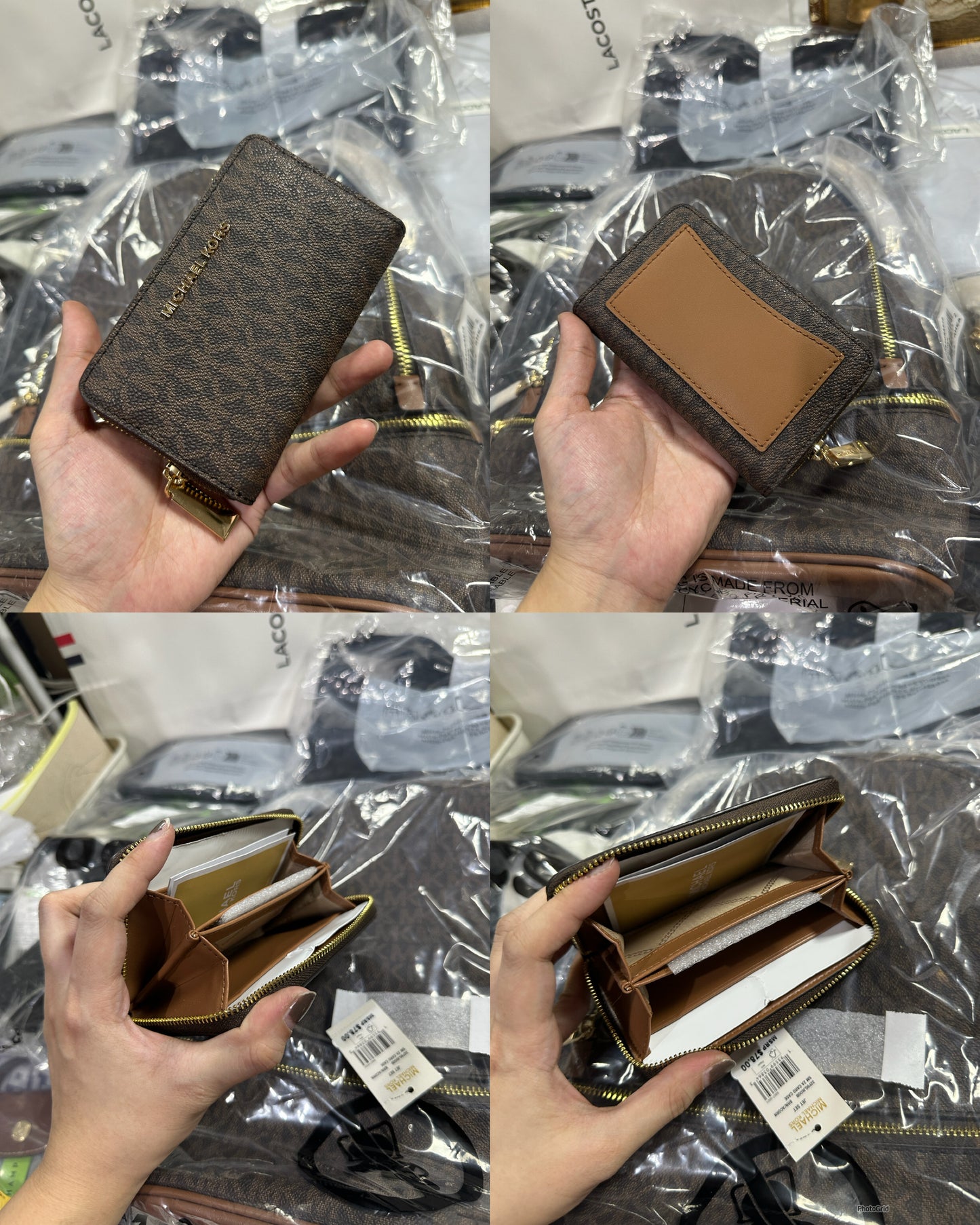 ORIG & IMPORTED MK Small Semi Lux Zip Around Card Case Wallet Brown/White/Black