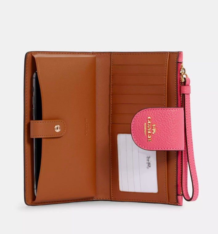 AUTHENTIC/ORIGINAL Coach Phone Wallet In Colorblock With Stripe Pink