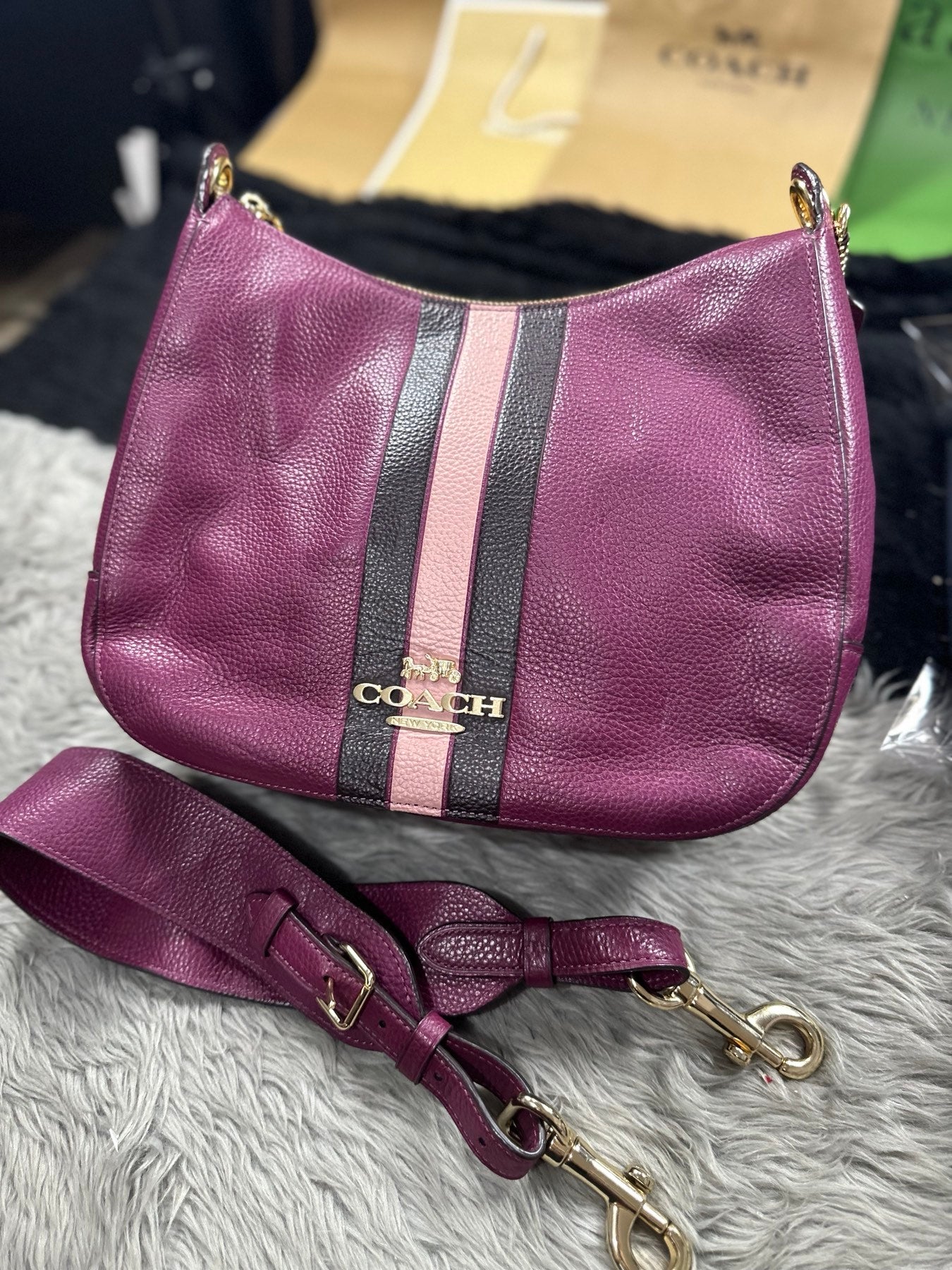 AUTHENTIC/ORIGINAL Preloved Coach Jes Hobo Bag With Varsity Stripe Dark Berry Pink
