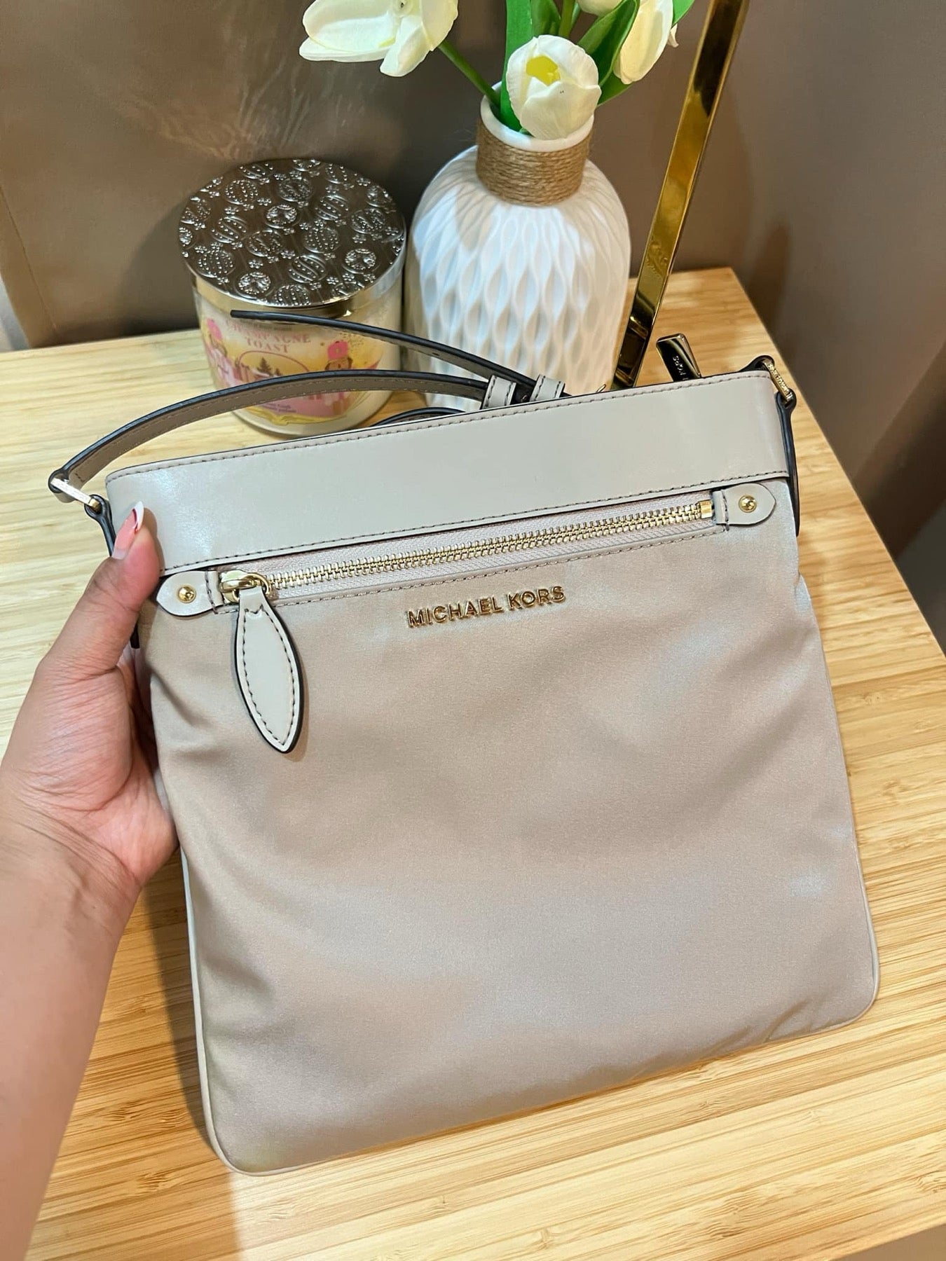 AUTHENTIC/ORIGINAL MK connie nylon file crossbody slim bag beige
