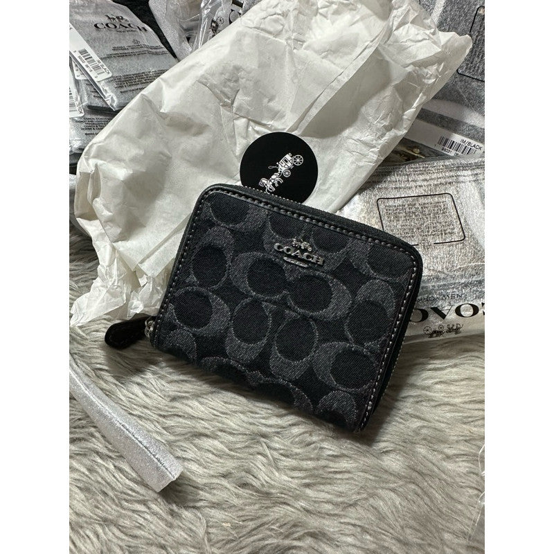 AUTHENTIC/ORIGINAL COACH Small Zip Around Wallet In Signature Jacquard Black/Brown