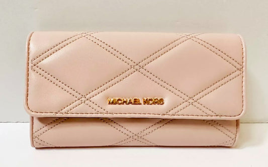 AUTHENTIC/ORIGINAL Preloved MK Michael K0rs Jet Set Travel Large Trifold Quilted Leather Pink Long Wallet