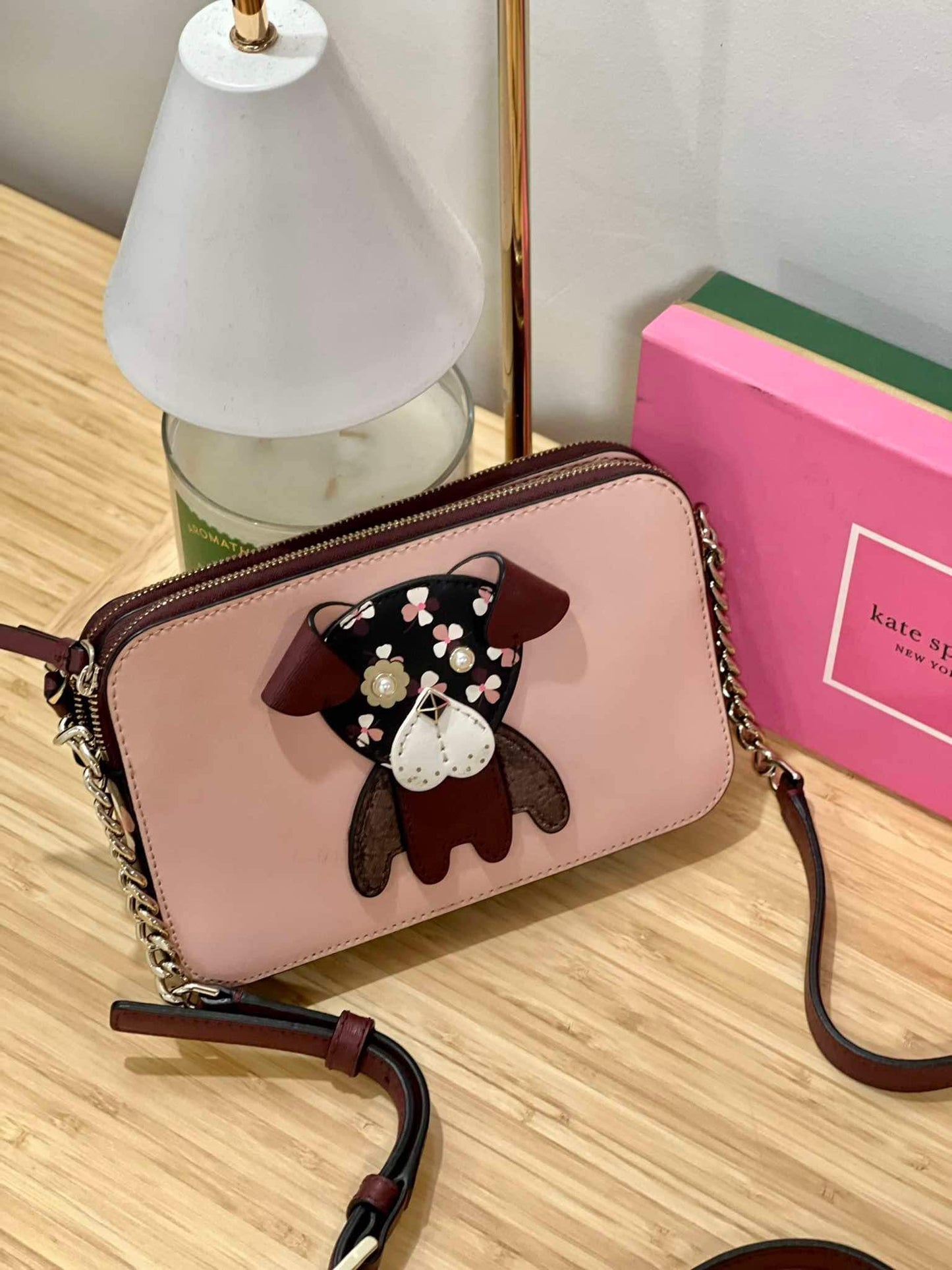 AUTHENTIC/ORIGINAL Preloved KateSpade KS Floral Pup Pug Double Zip Small Crossbody Bag