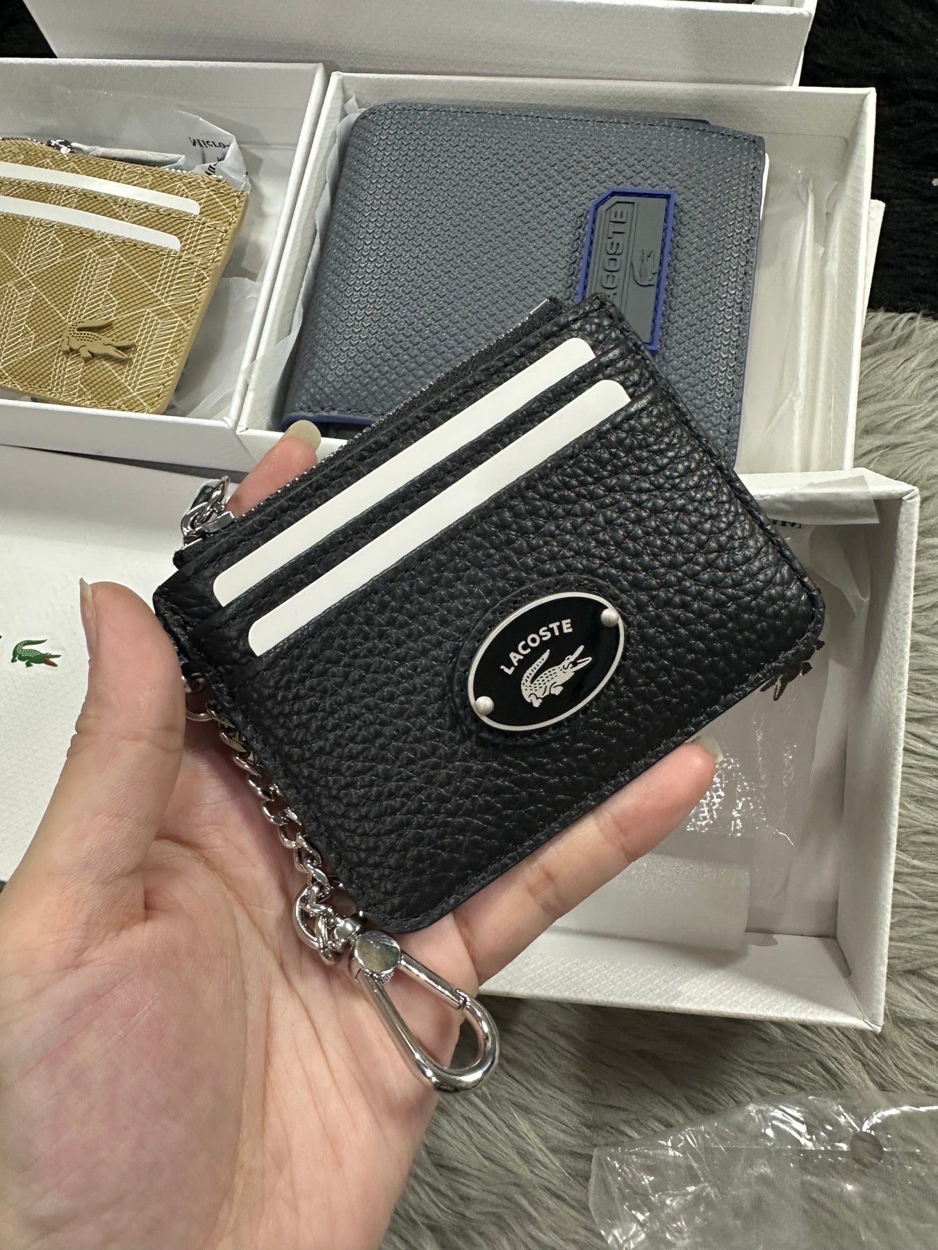 AUTHENTIC/ORIGINAL Lac0ste Zip Credit Card Holder Small Wallet Red Black