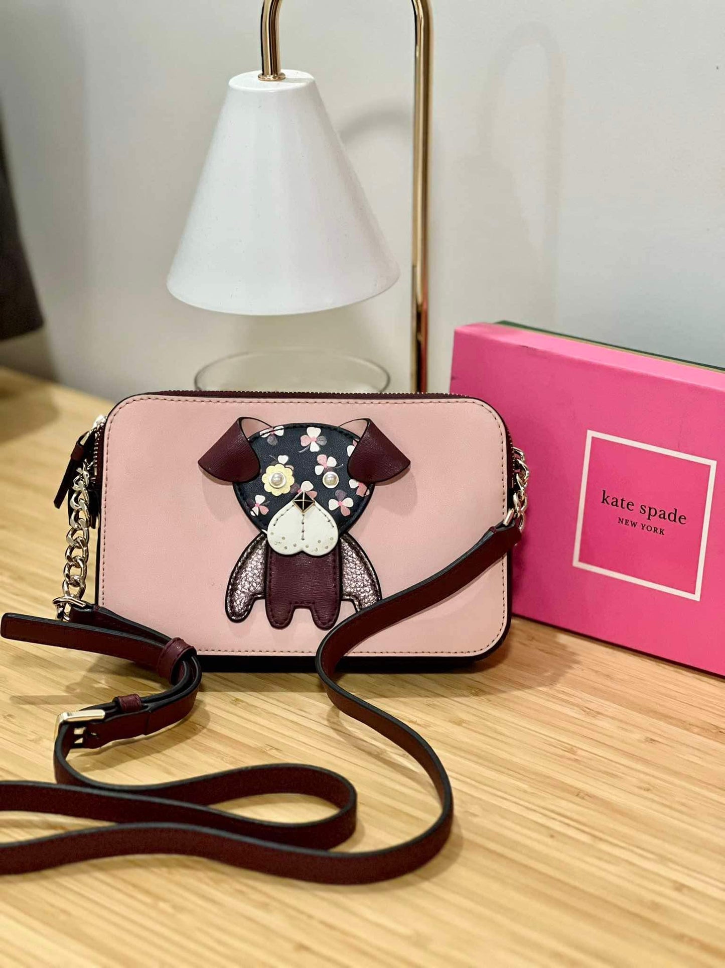 AUTHENTIC/ORIGINAL Preloved KateSpade KS Floral Pup Pug Double Zip Small Crossbody Bag