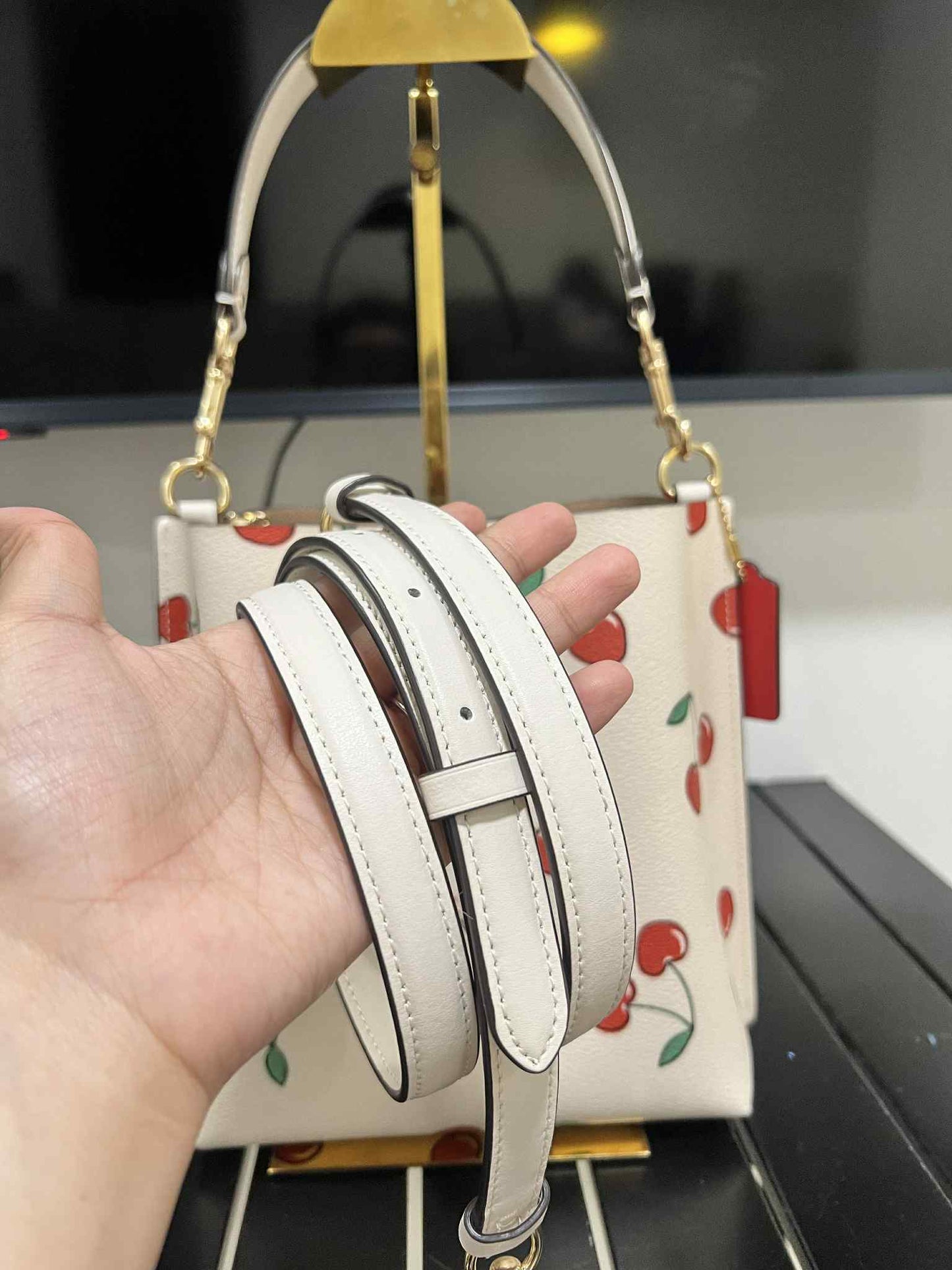 ORIG Preloved Coach Mollie Bucket 22 With Heart Cherry Print Crossbody Bag White