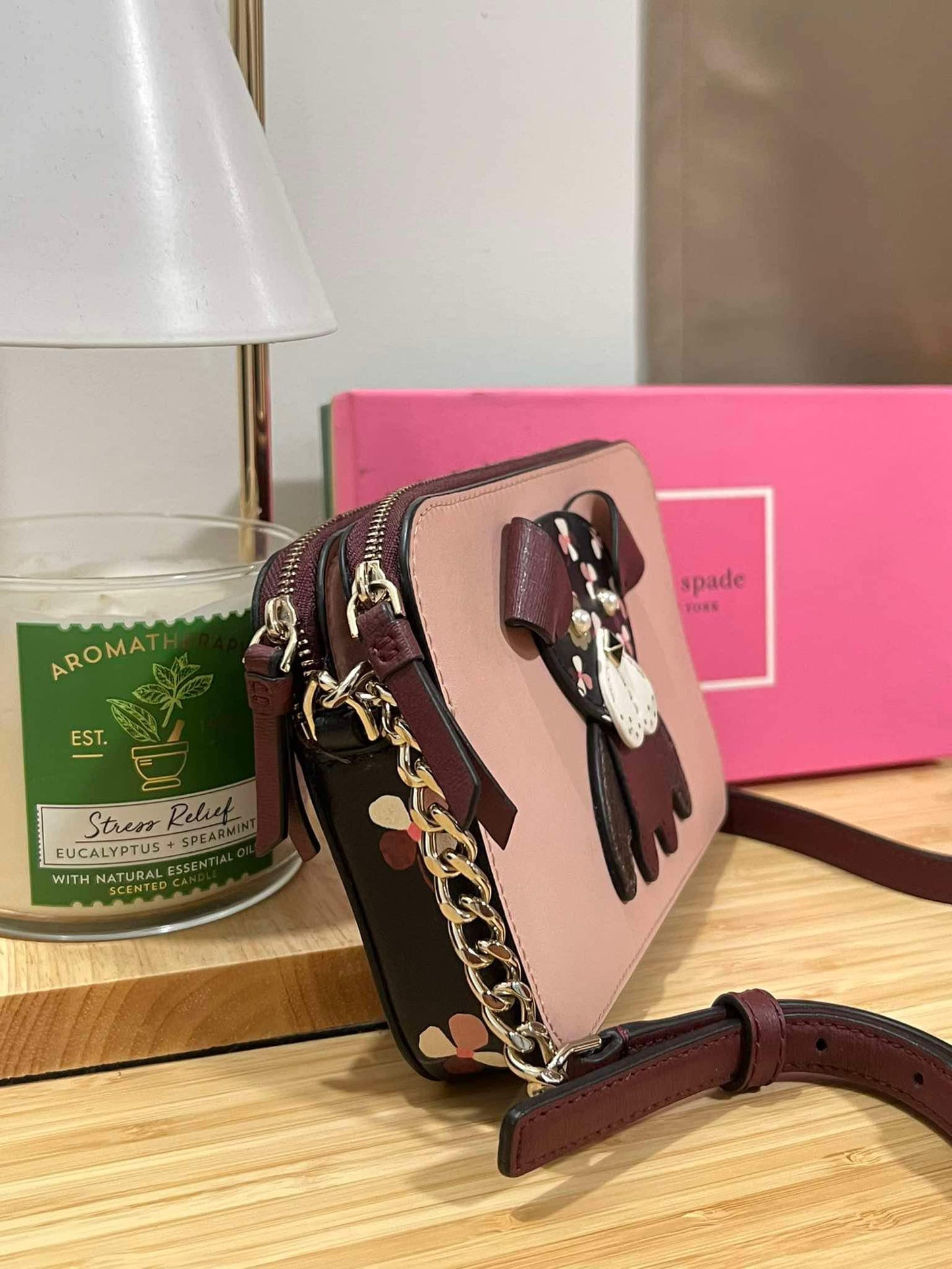 AUTHENTIC/ORIGINAL Preloved KateSpade KS Floral Pup Pug Double Zip Small Crossbody Bag