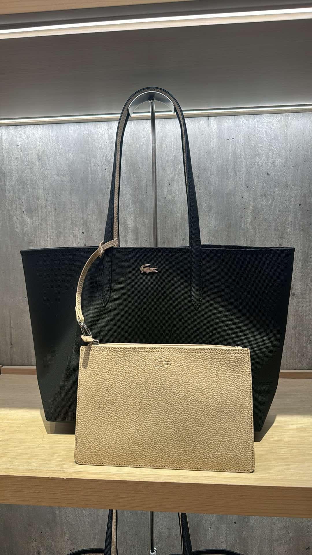 AUTHENTIC/ORIGINAL Lacoste Anna Reversible Bocolor Tote Bag in Brown/Cream White/Navy/Black