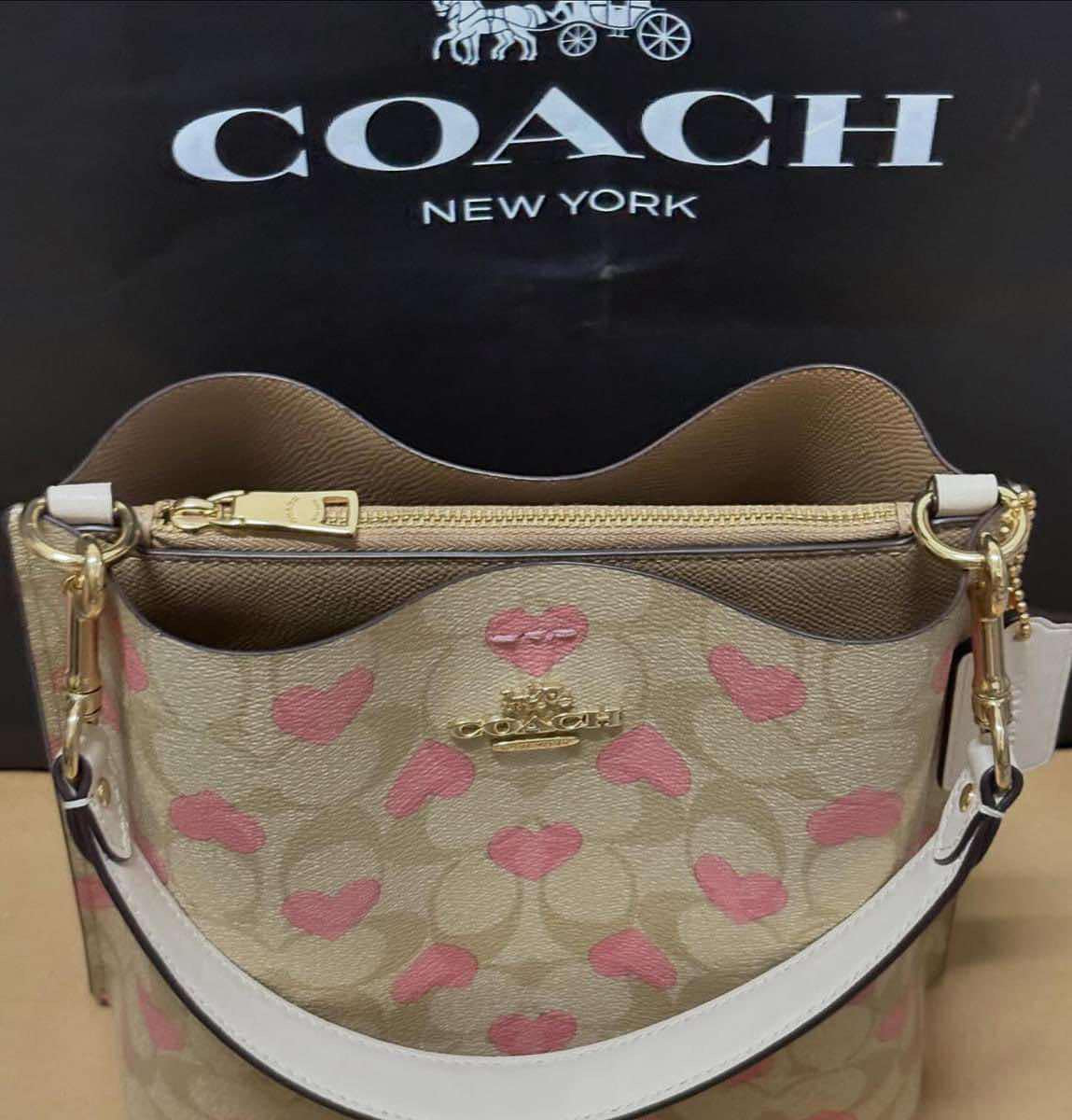 AUTHENTIC/ORIGINAL Preloved Coach Mollie Bucket Bag 22 In Signature Canvas With Heart Print Bag