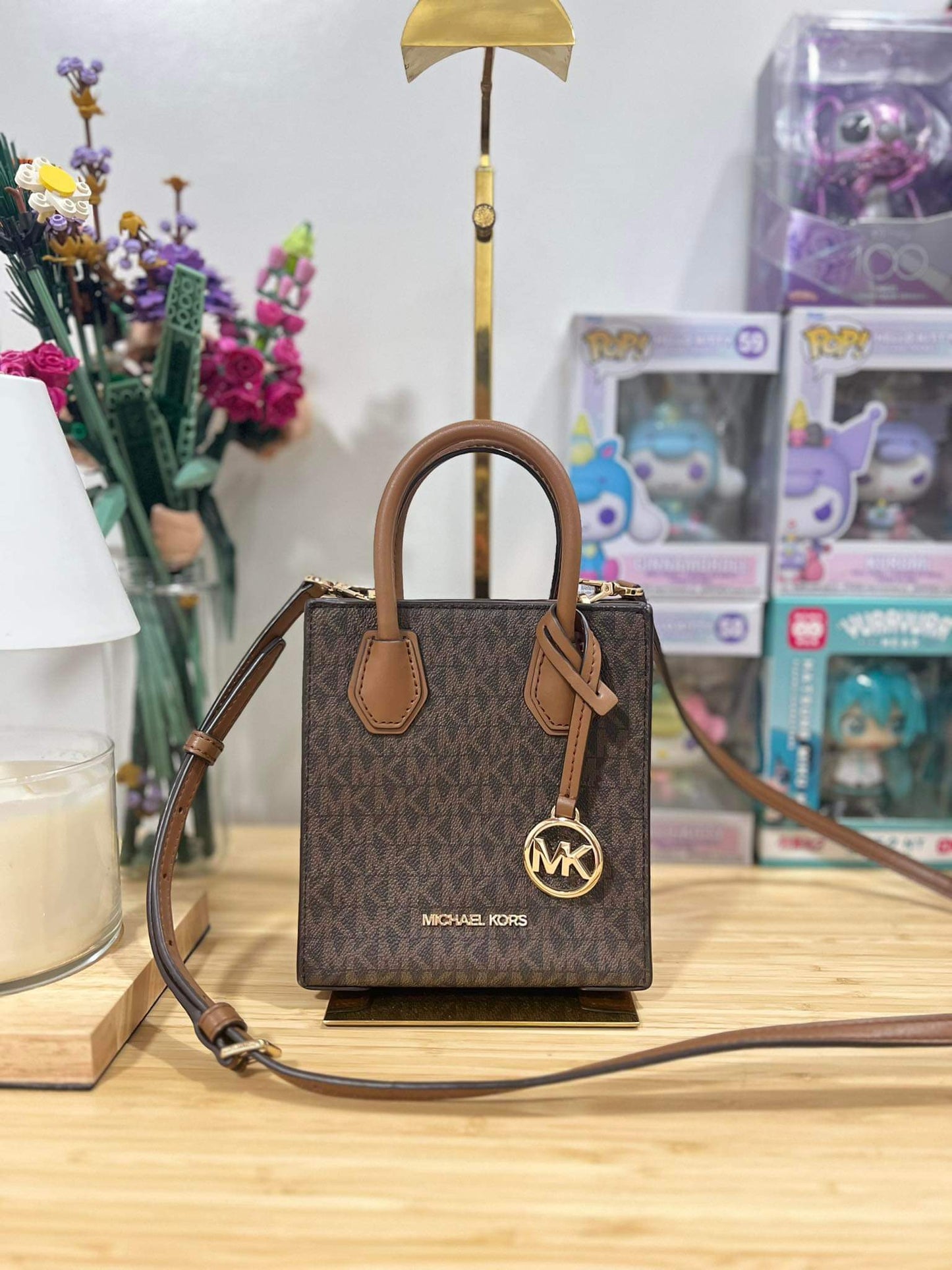 AUTHENTIC/ORIGINAL Preloved Michael Kors MK Mercer Extra-Small Logo and Leather Crossbody Bag Brown