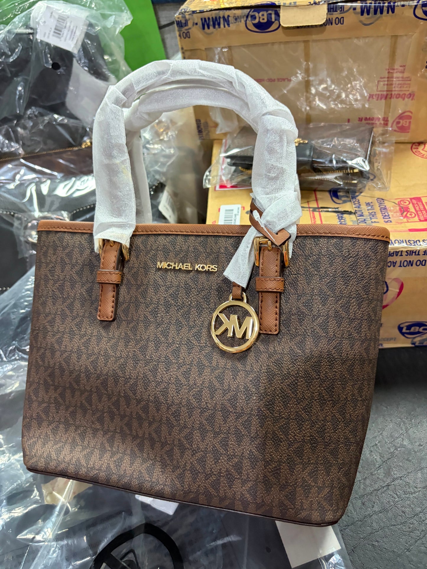 AUTHENTIC/ORIGINAL MK Jet Set Travel Extra-Small Logo Top-Zip Tote Bag brown
