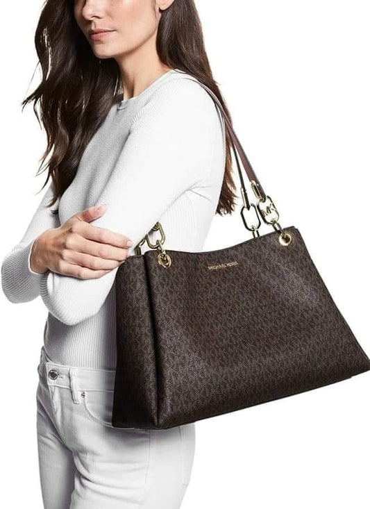 AUTHENTIC/ORIGINAL MK Trisha Large Logo Shoulder Tote Bag in Brown