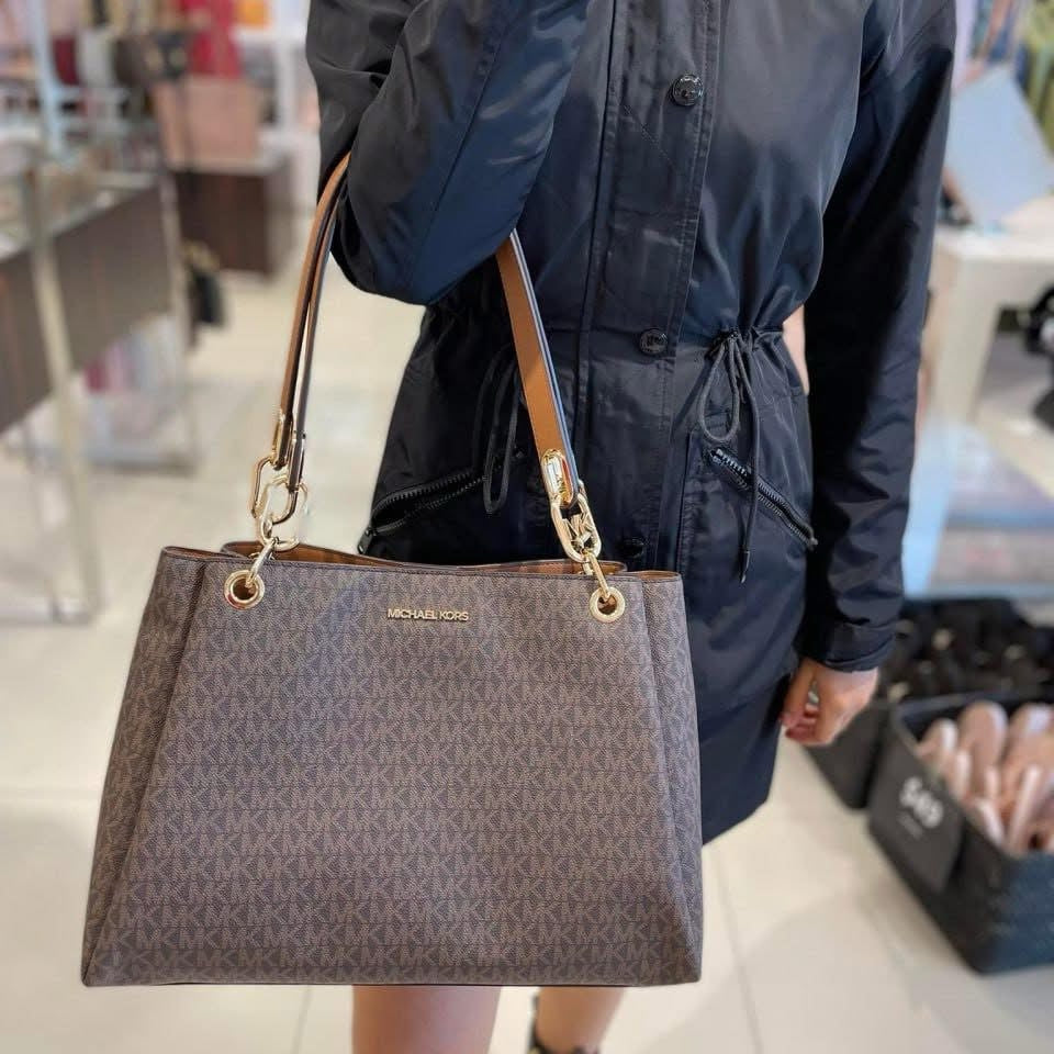 AUTHENTIC/ORIGINAL MK Trisha Large Logo Shoulder Tote Bag in Brown