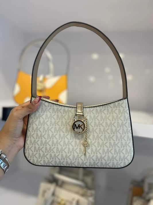 AUTHENTIC/ORIGINAL MK Lyra Small Zip Pouchette Shoulder Hand Bag Brown White