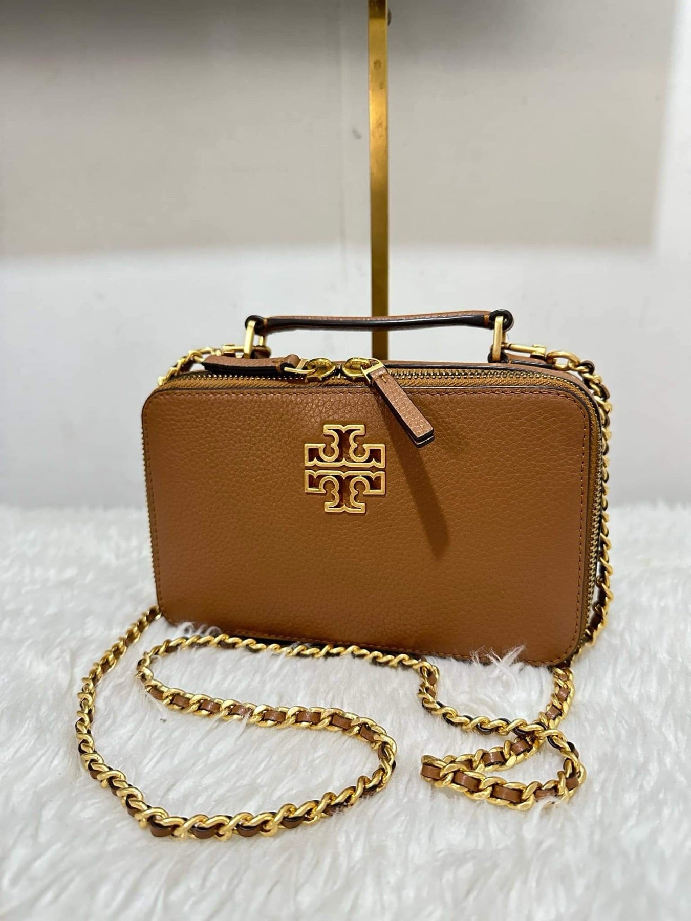 AUTHENTIC/ORIGINAL Preloved Tory Burch Britten Small Top Handle Brown Bag Bark