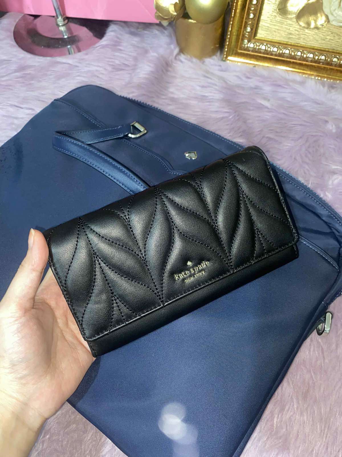 ORIG Preloved KateSpade KS Briar Lane Quilted Black Leather Chain Black Long Wallet