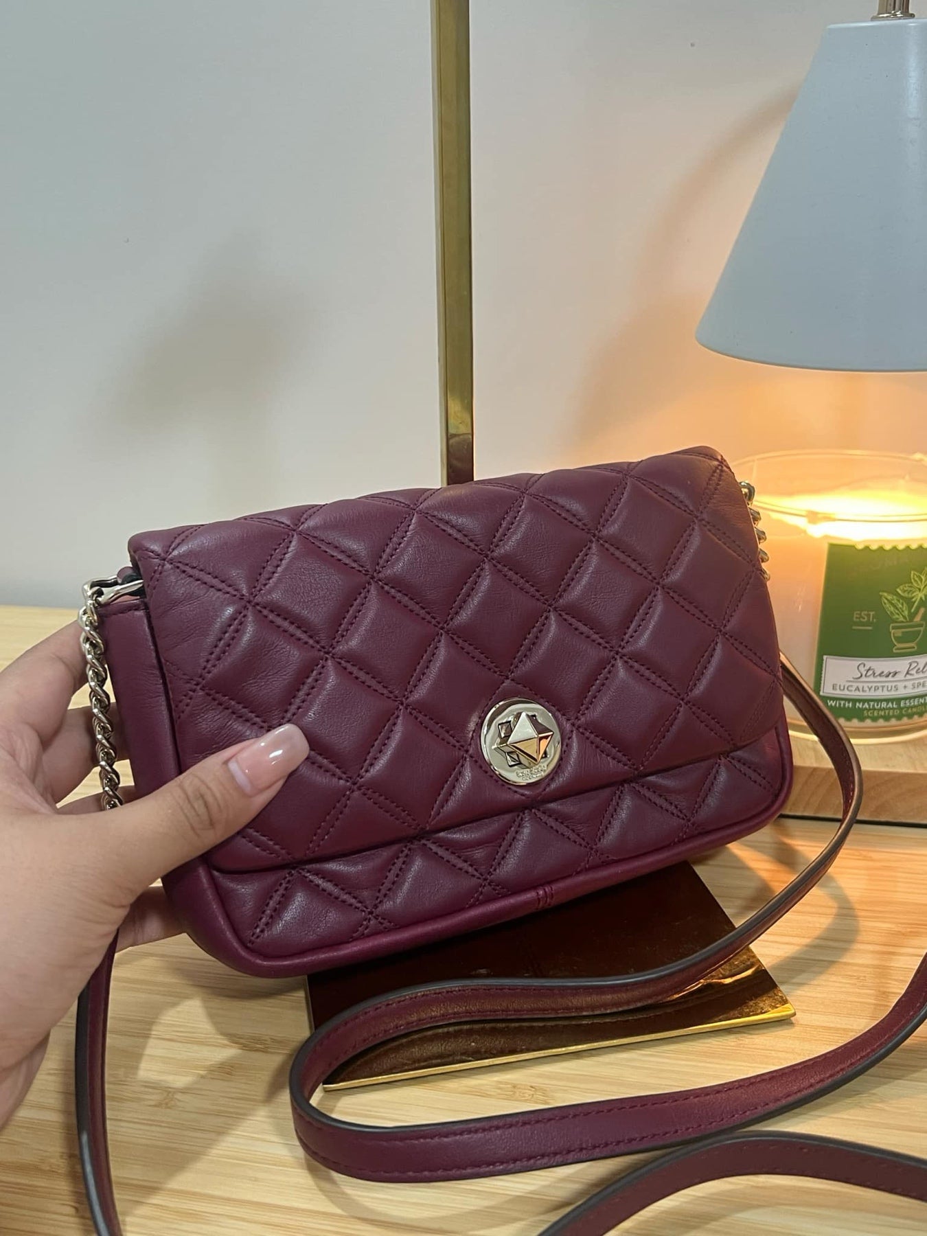 AUTHENTIC/ORIGINAL Preloved KateSpade KS Burgundy Maroon Quilted Natalia Flap Crossbody Small Bag