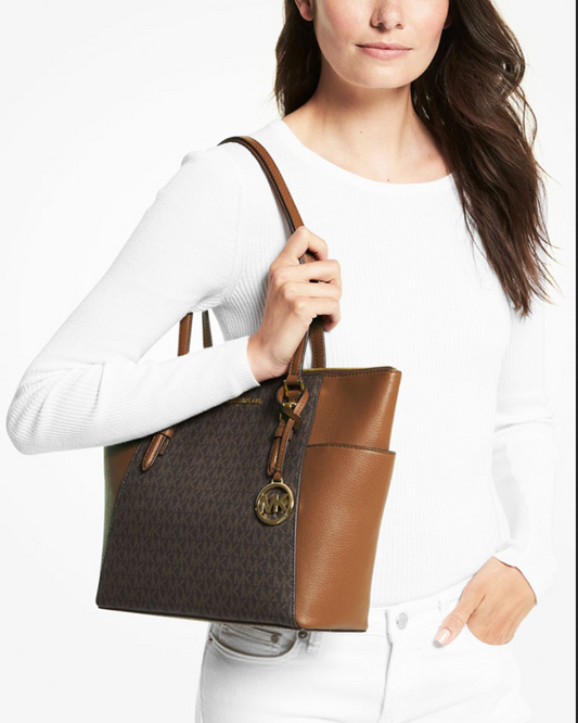 ORIG Preloved Michael Kors MK Charlotte Large Logo and Leather Top-Zip Tote Bag Brown
