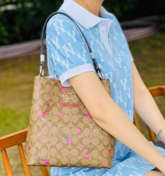 ORIG Preloved COACH Town Bucket Bag In Signature Canvas With Star Print Brown Bag
