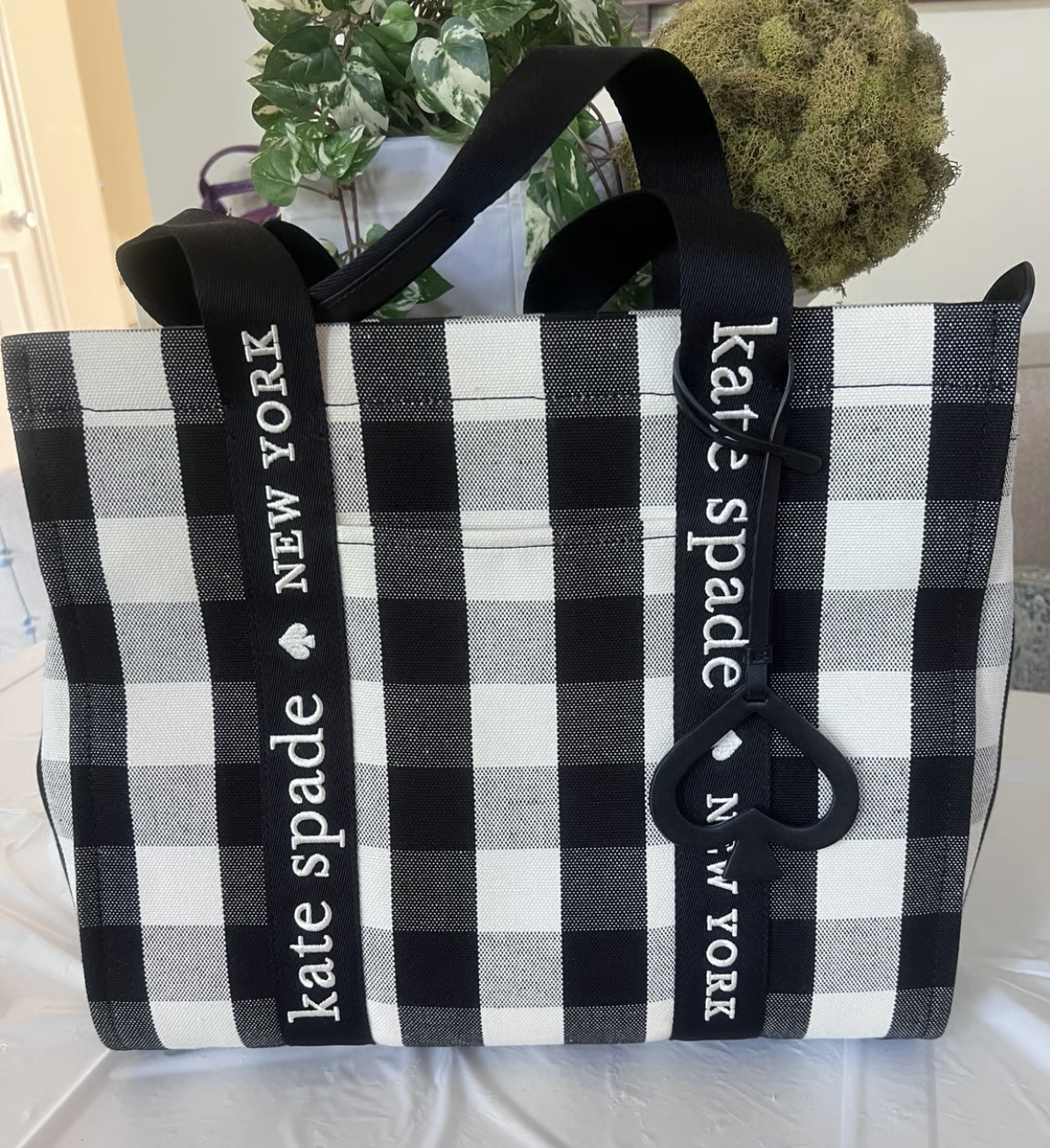 ORIG Preloved Kate Spade KS Kip Canvas Large Tote Bag Gingham Black/White