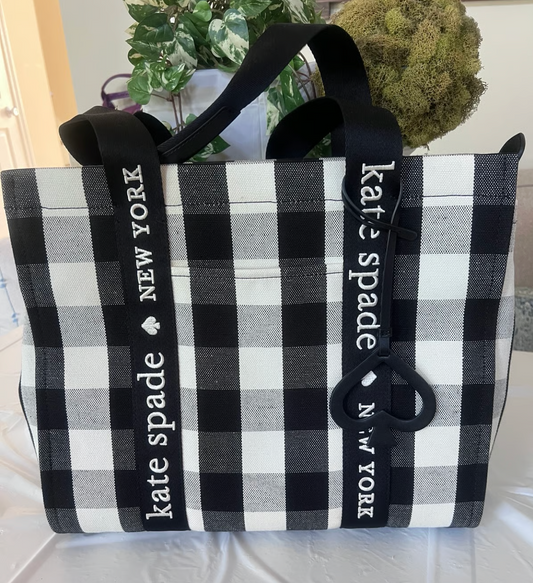 ORIG Preloved Kate Spade KS Kip Canvas Large Tote Bag Gingham Black/White