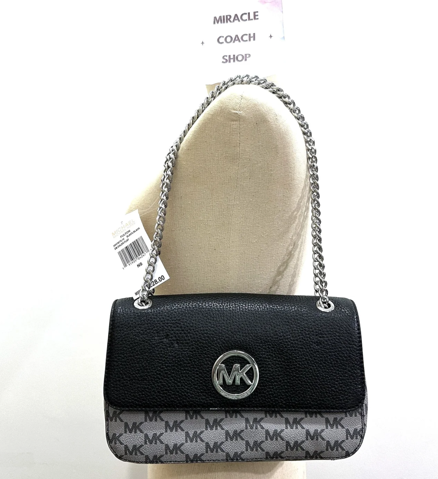 ORIG Preloved Michael Kors MK Fulton Flap Medium Chain Shoulder Bag Black