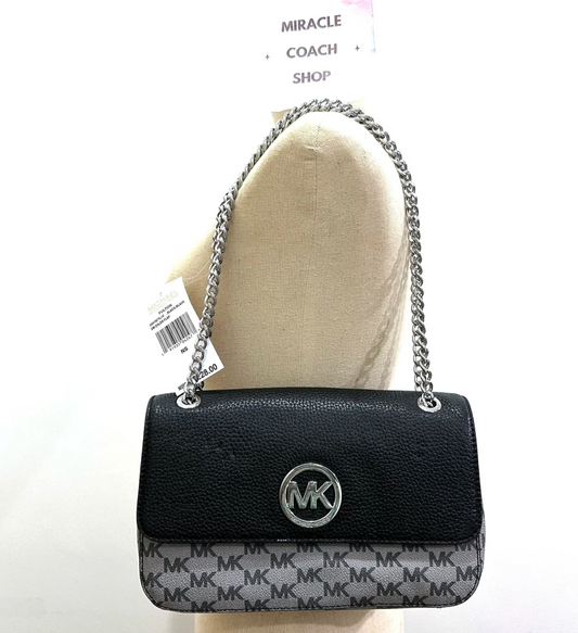 ORIG Preloved Michael Kors MK Fulton Flap Medium Chain Shoulder Bag Black