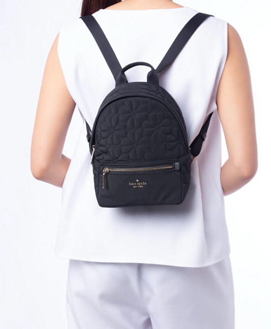 ORIG & IMPORTED KS Spade Flower Quilted Fabric Small Backpack Black Pink Grey