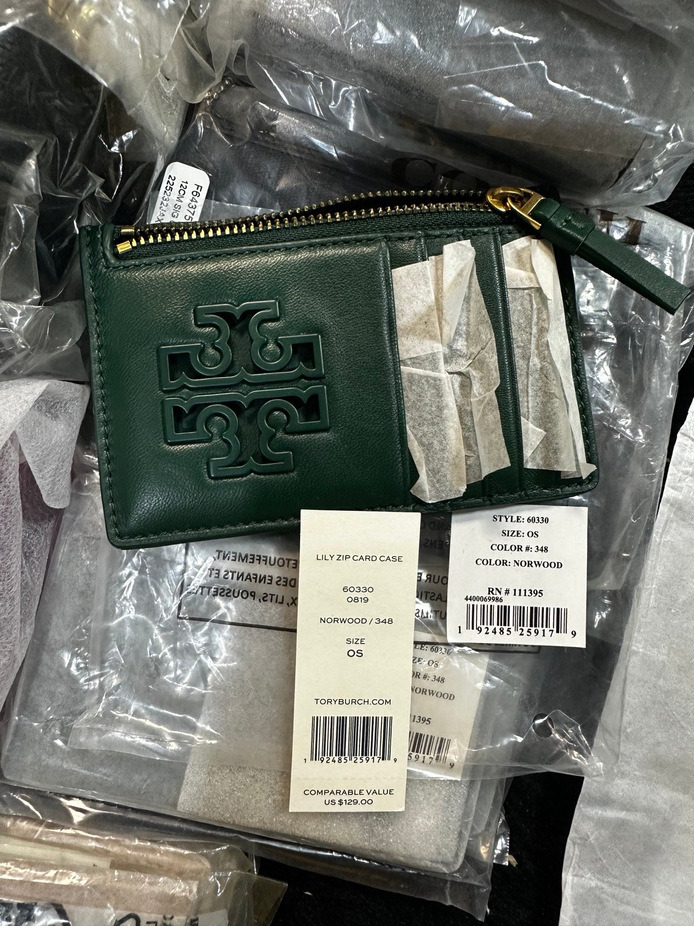 AUTHENTIC/ORIGINAL Tory Burch Lily Zip Card Case Slim Wallet Green