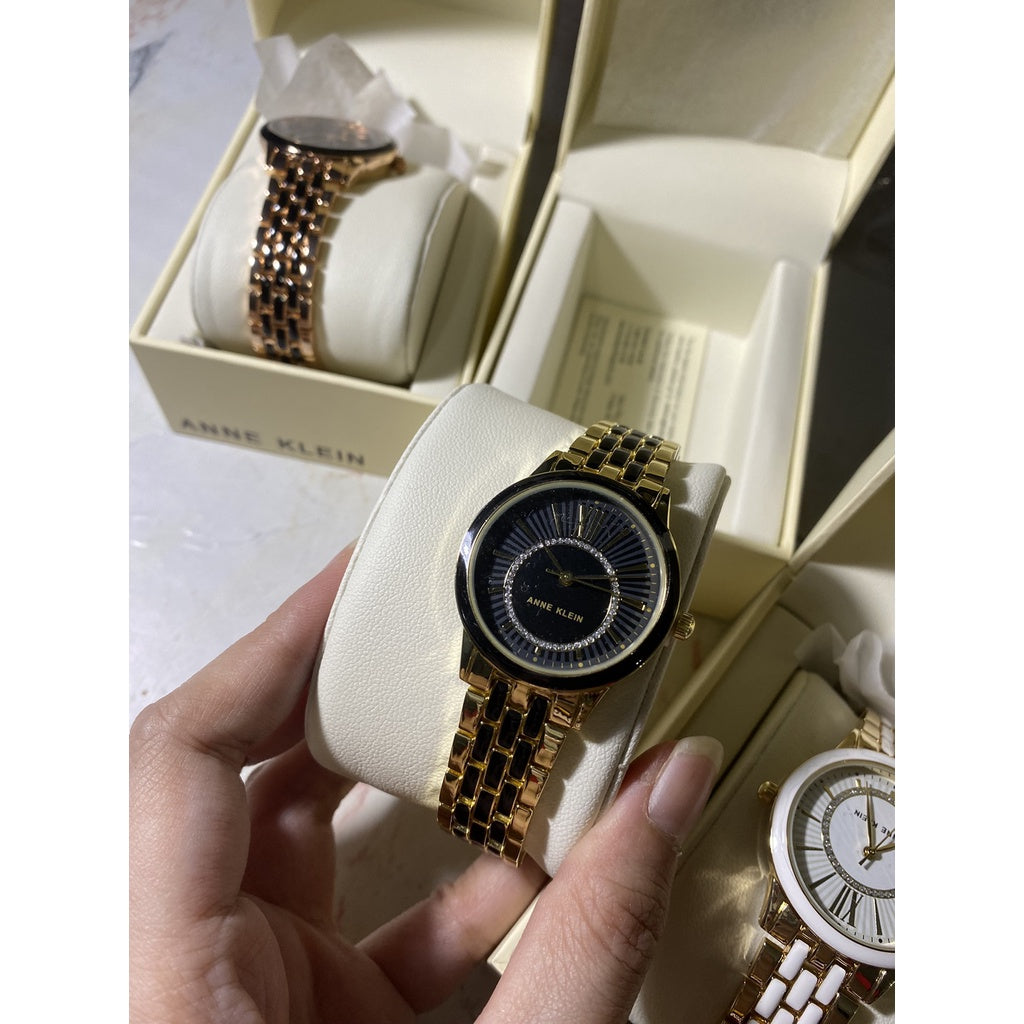 AK Klein Women's Glitter Accented Dial Bracelet Watch, AK/3924BKGB - Gold/Black