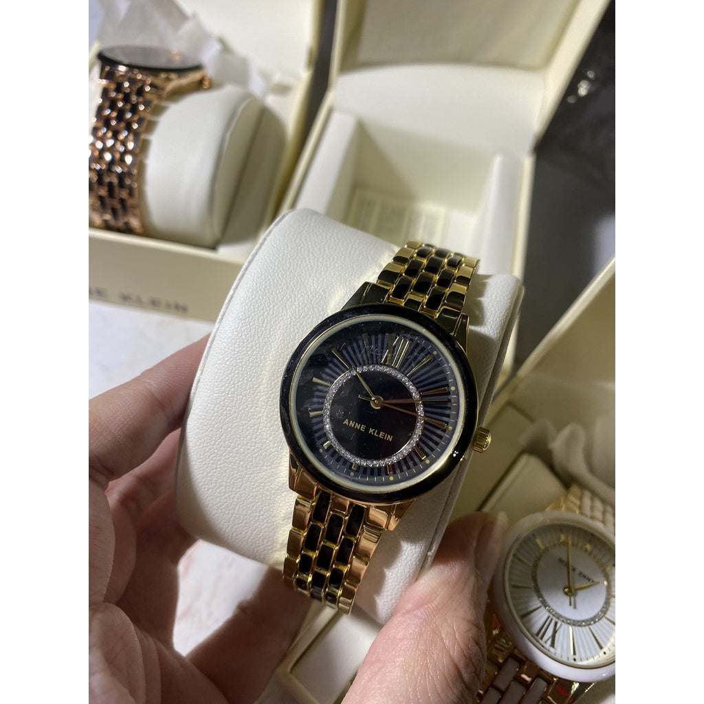 AK Klein Women's Glitter Accented Dial Bracelet Watch, AK/3924BKGB - Gold/Black