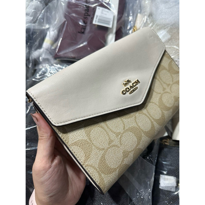 AUTHENTIC/ORIGINAL COACH Envelope Clutch Crossbody Bag In Signature Canvas White Light Khaki