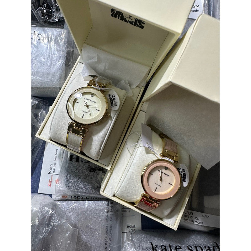 AK Klein Women's AK/2512IVGB Diamond-Accented Dial Gold Tone Ivory White Bangle Watch