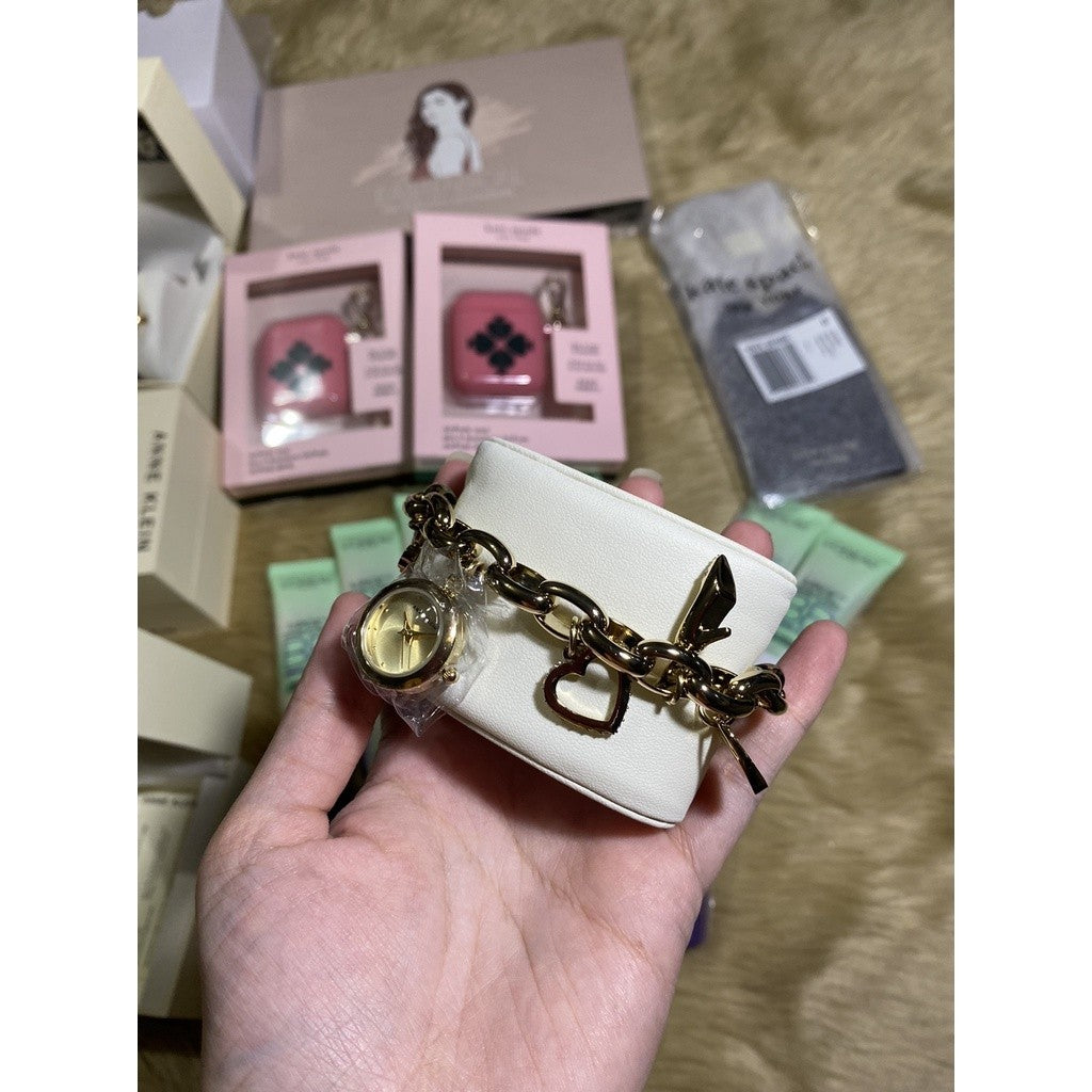 NO BOX! AK Klein Women's Premium Crystal Accented Gold-Tone Charm Bracelet Watch 10/7604CHRM