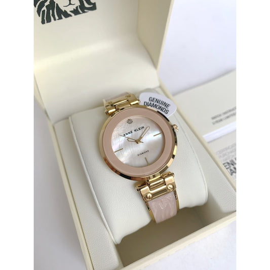 AK Klein AK/2512LPGB Diamond-Accented Gold-Tone and Blush Pink White Marbleized Bangle Watch