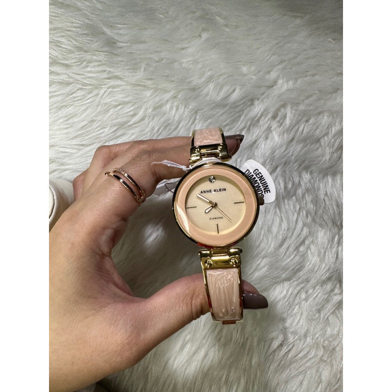 AK Klein AK/2512LPGB Diamond-Accented Gold-Tone and Blush Pink White Marbleized Bangle Watch