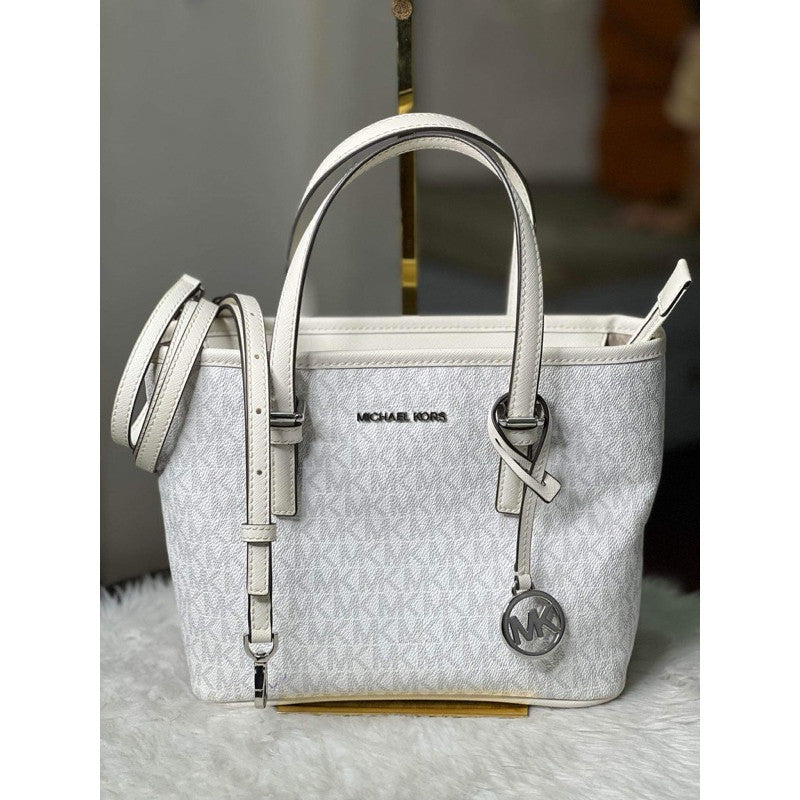 ORIG Preloved MK Jet Set Travel Extra-Small Logo Tote Bag Optic White
