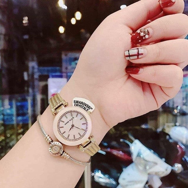 AK Klein Women's Premium Crystal Accented Mesh Bracelet Gold Watch 1906PMGB