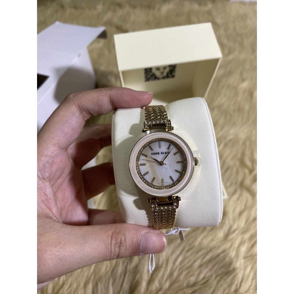 AK Klein Women's Premium Crystal Accented Mesh Bracelet Gold Watch 1906PMGB