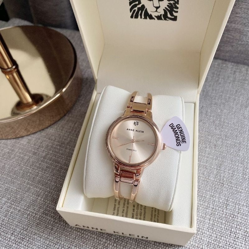 AK Klein Women's 2626RGRG Diamond-Accented Dial Rose Gold-Tone Bangle Watch