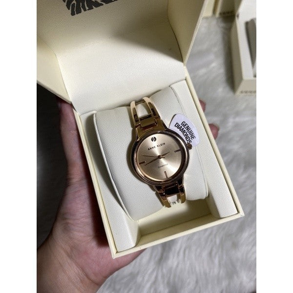 AK Klein Women's 2626RGRG Diamond-Accented Dial Rose Gold-Tone Bangle Watch